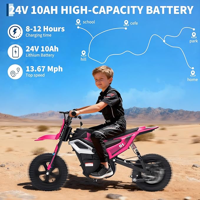 24V Electric Dirt Bike for Kids, 350w Electric Motorcycle for Kids - Up to 13.67Mile/h Long-Range, Ride on Motorcycle with Rear Wheel Suspension, 12 Miles Range, Twist Grip Throttle, Rubber Tire