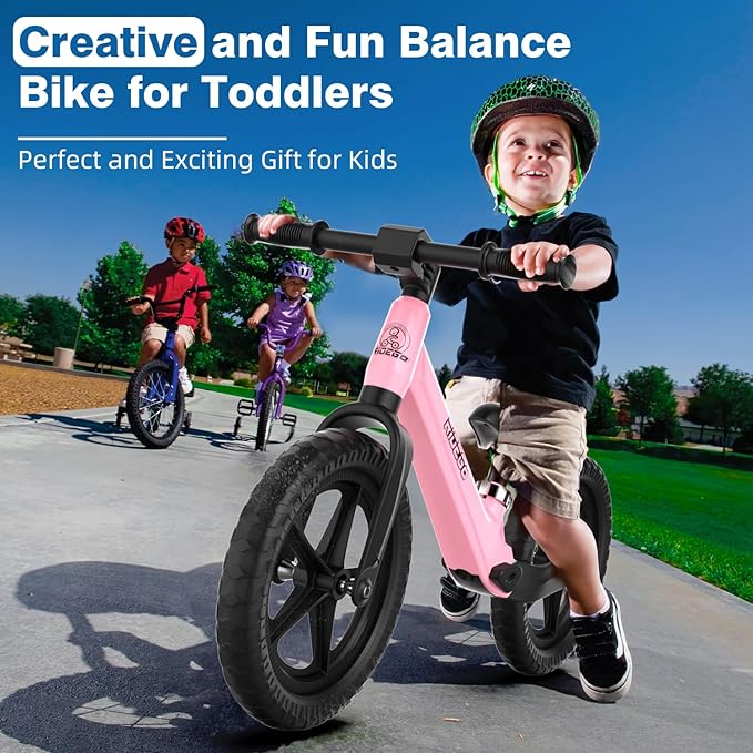 Ridego 12 Inch Balance Bike for Kids 2-4 Year Old,Lightweight Kids Bike with Adjustable Seat, Push Bicycle with Air Rubber Tires，Ride-on Toys Birthday Gift