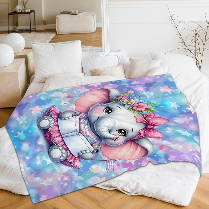 Kids Blanket for Girls Elephant Blankets Elephant Theme Gift, Cute Cozy Soft 60 x 50 Inches Flannel Throws for Bed Travel Sofa Living Room Decor