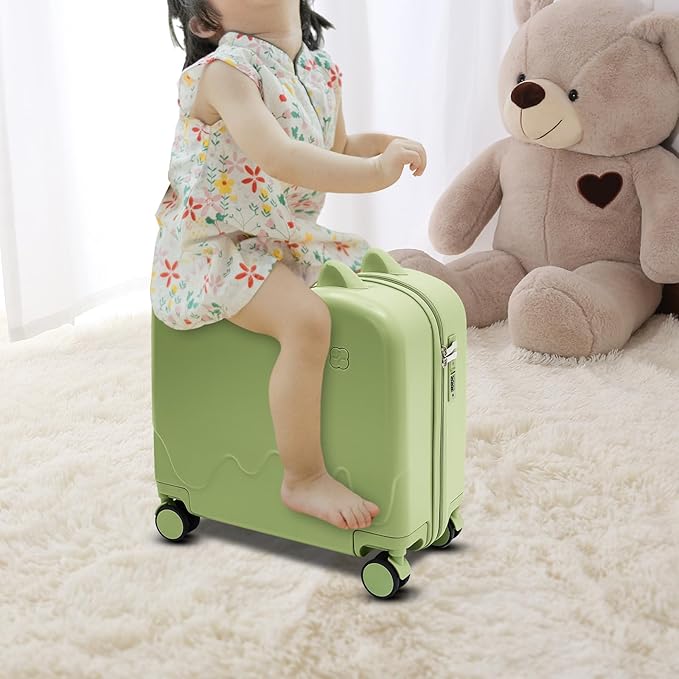 18" Children's Ride On Trolley, Ride-on Travel Suitcase, Cute Ear Toddler Carry on Luggage with Spinner Wheels, Children Rolling Trolly Luggage, Boys Girls Travel Suitcase with Lock (Olive Green)