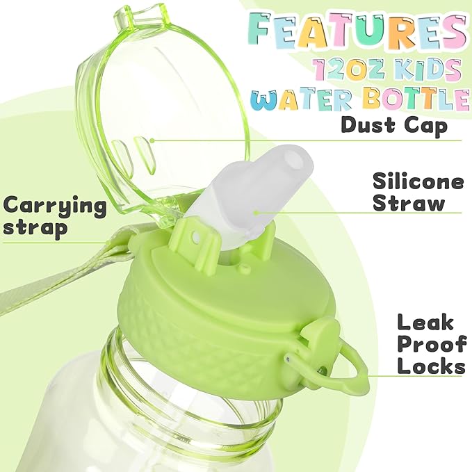 OLDLEY 12oz Kids Water Bottle for school Girls Boys, Motivational Water Bottles With Silicone Straw, Leak-Proof Tritan BPA-Free, Reusable water bottles for kids, Parrott Green