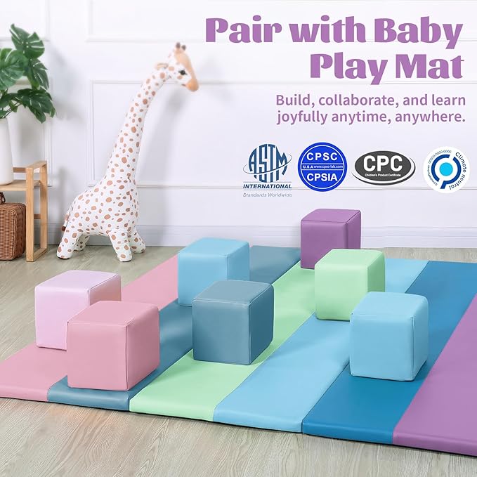 Foam Building Blocks for Toddlers：12-Pieces Wipeable Leather Stacking Cubes Kids - Large Soft Toys Play Set for Learning Construction Baby Preschool Daycare Therapy Birthday Gift (Purple Pink)