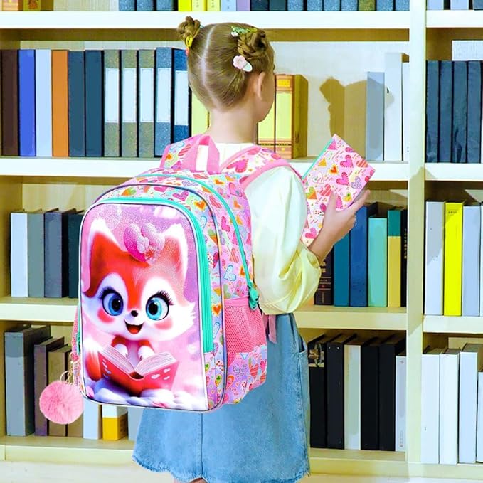 CCJPX 16" Fox Backpack for Girls, 3Pcs Kids Bookbag with Lunch Box, Water Resistant Elementary School Bag for Kindergarten Preschool Toddler (Pink)