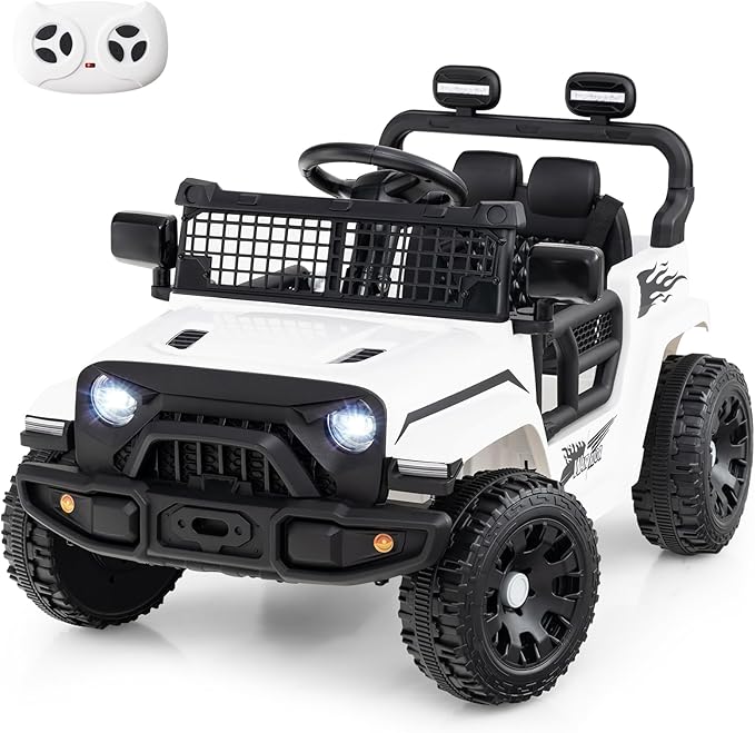 Costzon Kids Ride on Car Truck, 12V Electric Vehicle w/Foldable Mirrors, 3 Speeds, LED Lights, Music & Horn, Ride on Toys Remote Control Car for Toddlers, Boys & Girls (White,34" × 23" × 21")