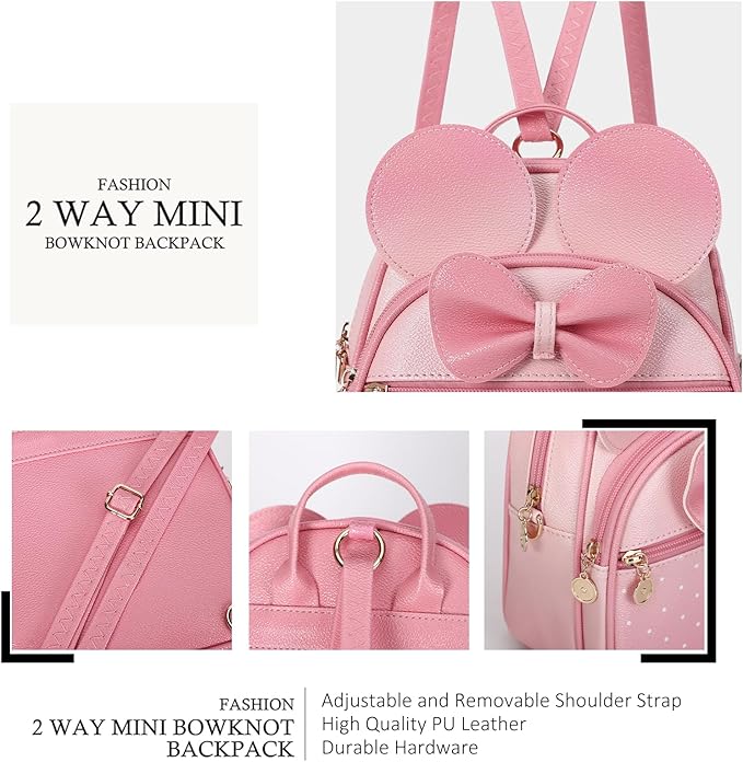 KL928 Girls Mini Backpack Bowknot Polka Dot Cute Small Daypacks Convertible Shoulder Bag Purse for Women