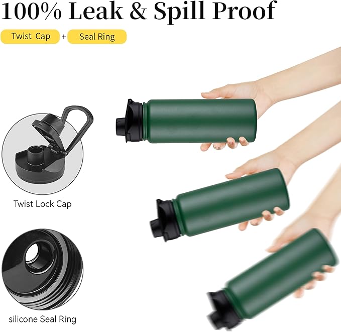 24 oz Insulated Water Bottle Bulk 8 Pack, Stainless Steel Sports Water Bottles with Straw Lid & Wide Mouth Lids, Double Walled Vacuum, Leak Proof, Dark Green