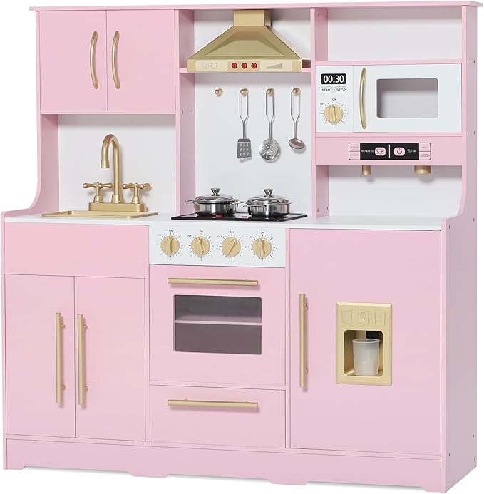 Kids Kitchen Playset, Wooden Play Kitchen with Toy Storage System, Pretend Play Kitchen Set Toy with Range Hood, Ice Maker & Coffee Maker, for Kids Ages 3+, Pink