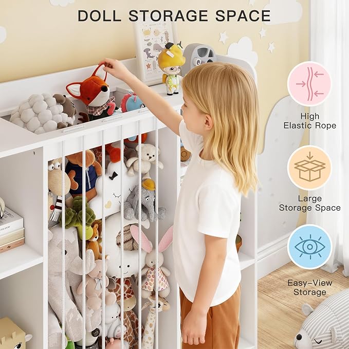 Wooden Stuffed Animal Storage, Toy Storage Organizer with 6 Cubbies, Kids Bookshelf Toy Shelf for Playroom, Nursery, and Bedroom
