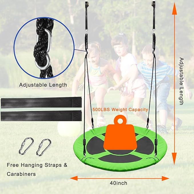 40" Saucer Tree Swing for Kids Outdoor - Heavy-Duty Steel Frame, 900D Oxford Fabric & Reinforced Rope Holds 500lbs（Green）