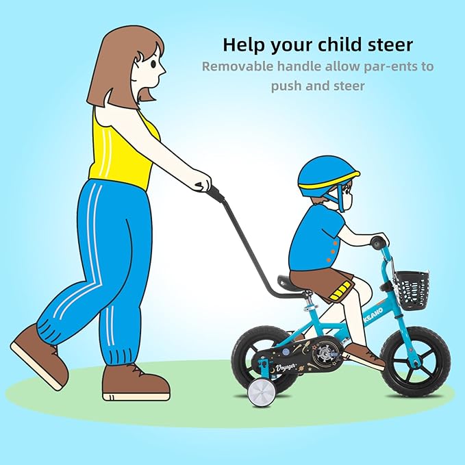KEANO Voyager 10 12 Inch Kids Bike for Boys and Girls Ages 1-4 Years, Toddler Bike with Training Wheels & Basket, Detachable Parent Push Handle, Children Bicycle