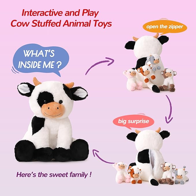 5 Pieces Cow Stuffed Animals for Boys Girls, 1 Mommy Cow with 4 Babies Soft Plush Toy Set Gifts for Kids Children 3 4 5 6 7 8 9 Years, Christmas, Birthday, Party Decorations