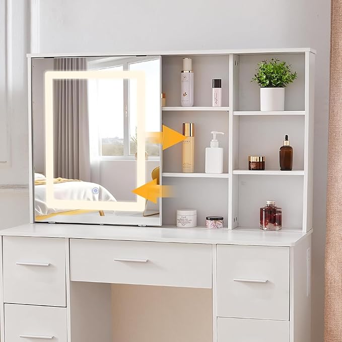 Large Vanity Set with LED Strip Light, Vanity Desk with Mirror and Lights, 7 Drawers Makeup Table with 6 Oppen Cabinets and 3 Hidden Shelves, Dressing Table for Girls