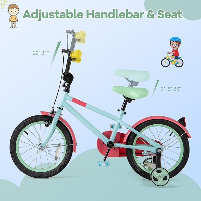 BABY JOY Colorful Macarons Kids Bike, 12 14 16 18 Inch Sporty Children's Bicycle with Training Wheels, Adjustable Handlebar & Saddle, Handbrake & Coaster Brake, Boys Girls Bike for 3-8 Years Old