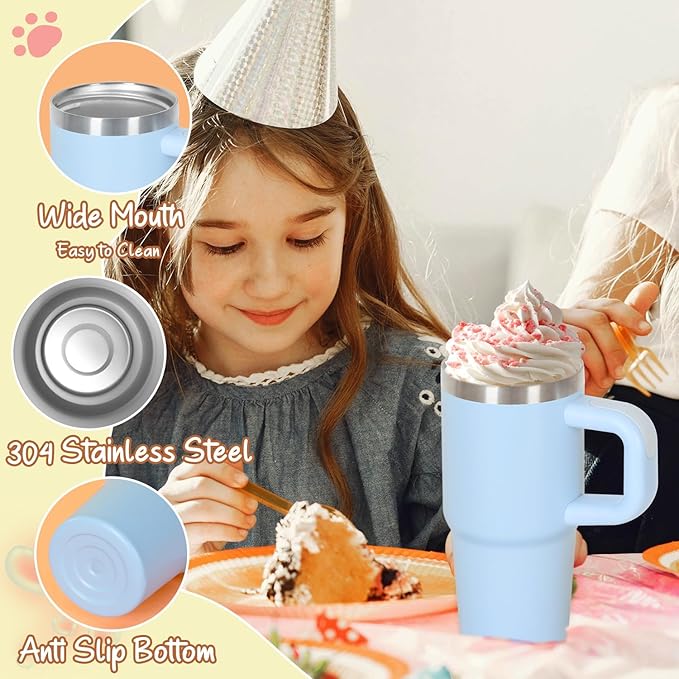 Cosictic 14 Oz Tumbler with Handle and Straw for Kids, Stainless Steel Double Wall Vacuum Insulated Cup for Children, 14 Oz Cups for Kids (Sky Blue, Pink)