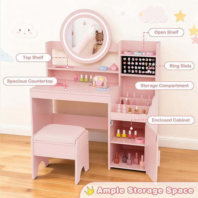INFANS Kids Vanity with Lights, Princess Makeup Desk with Mirror Storage Shelves, Toddler Table and Chair Set Pretend Play for Girls Aged 4-9 (Pink)