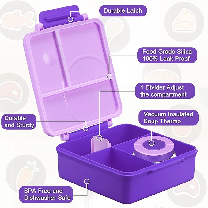 Itslife Bento Lunch Box for Kids with 8oz Soup Thermo&Lunch Bag, Leak-Proof Lunch Food Containers with 4 Compartment, Hot Food Insulated Food Jar for Kids School (Purple)