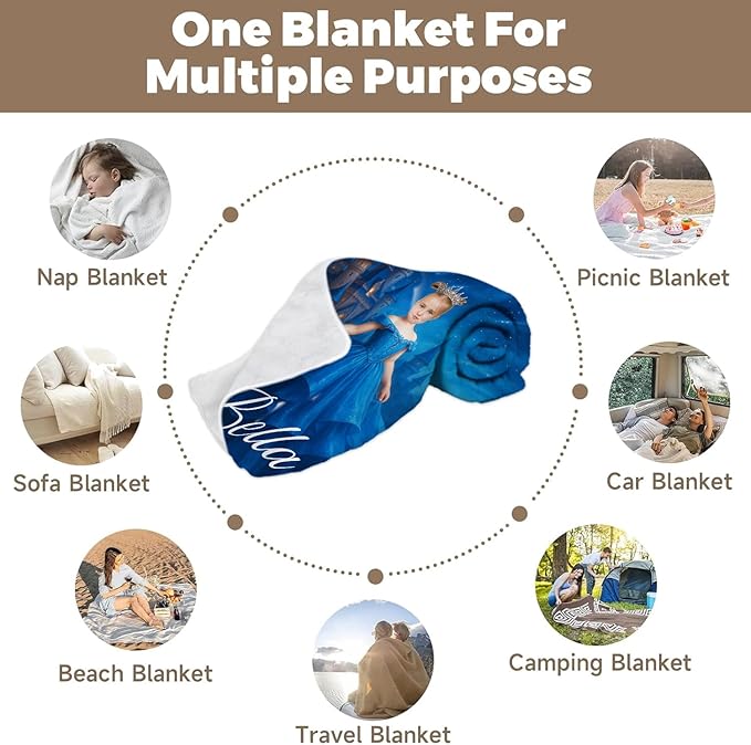 Personalized Princess Blanket, Custom Photo Baby Blanket with Name, Kids Fairy Tale Design, Soft Fleece Throw, for Baby Girl