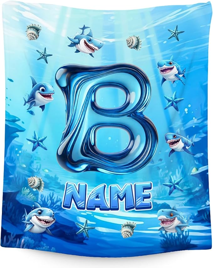 Personalized Shark Blanket - Initial Gifts for Kids Boys - Custom Flannel Cozy Blankets for Living Room, Office