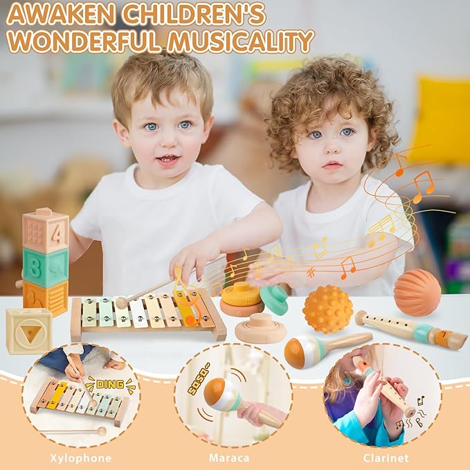 Montessori Toys 6 in 1 Musical Instruments for Toddler Stacking Blocks Development Learning Educational Toy with Wooden Xylophone Baby Birthday Gift
