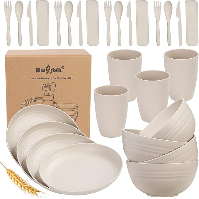 Wheat Straw Dinnerware Sets for 4, Wheat Straw Plates and Bowls Sets Kitchen Dishes 28pcs College Dorm Room Essentials Cutlery Set Microwave Safe (Beige)