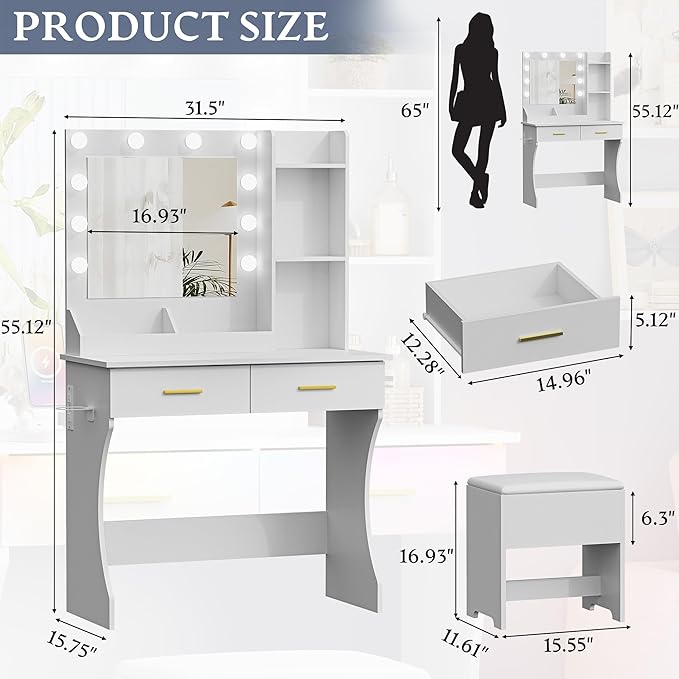 Makeup Vanity Desk with Mirror and Lights, Small Makeup Vanity Table Set with Drawers, Power Outlet & Storage Stool, White Vanity with 3 Lighting Modes LED for Women Girls Bedroom