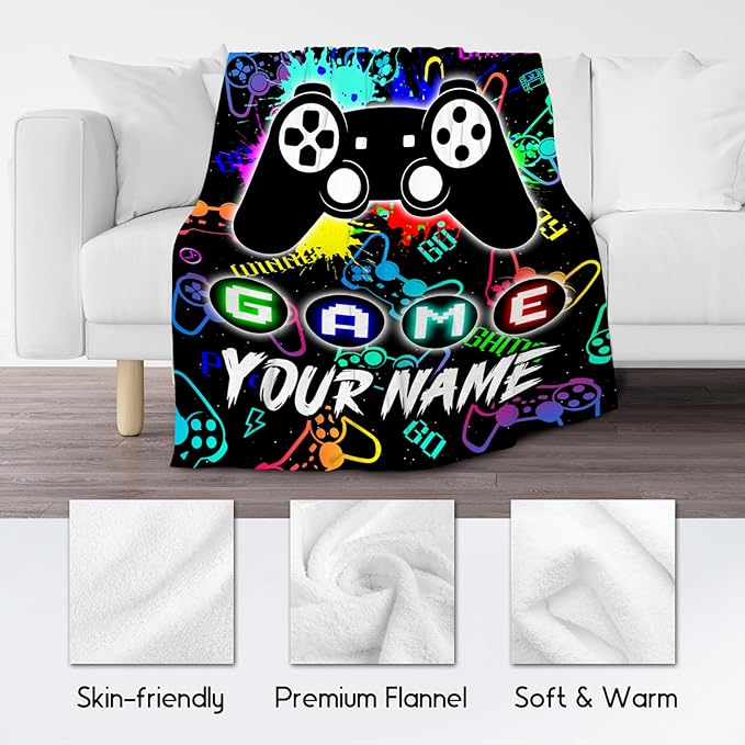 UNIKITTY Custom Kids Blankets for Boys, Gaming Blanket Gifts for Men Adults, 60"x80" Game Accessories Gift Ideal for Teens, Personalized Flannel Fuzzy Throw Gamer Room Decor for Bed Living Room