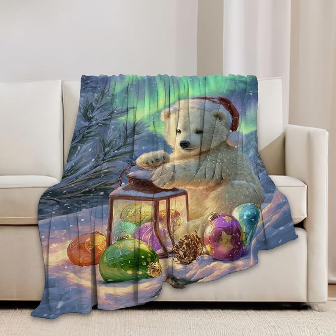 Christmas Polar Bear Blanket Winter Aurora Night Animal Throw Blankets Gifts for Girls Boys Kids White Bear Lover Soft Cozy Fleece Plush for Couch Sofa Bed 80"x60"