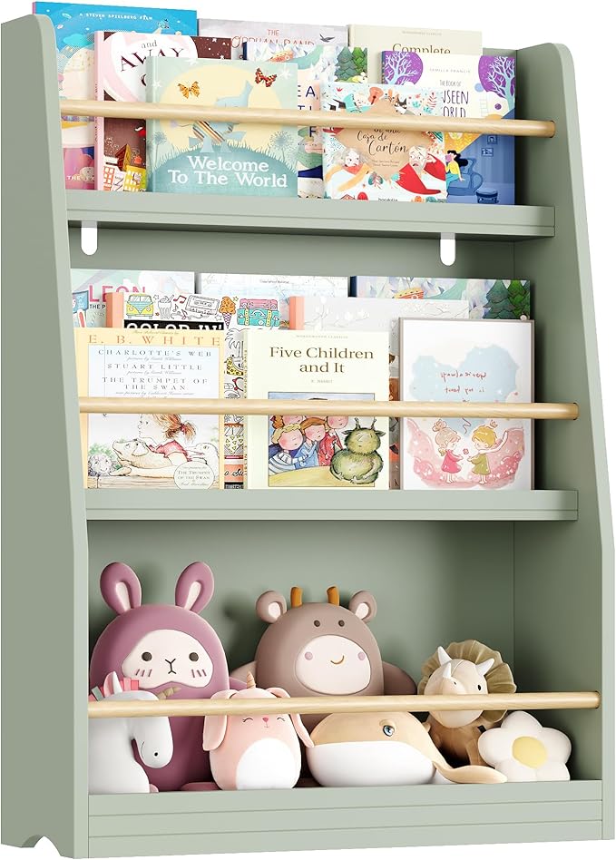 Kids Bookshelf, 3-Tier Montessori Book Shelf Organizer for Books and Toys, Toddler Bookshelf for Bedroom, Living Room, Playroom, Classroom, Nursery - Green