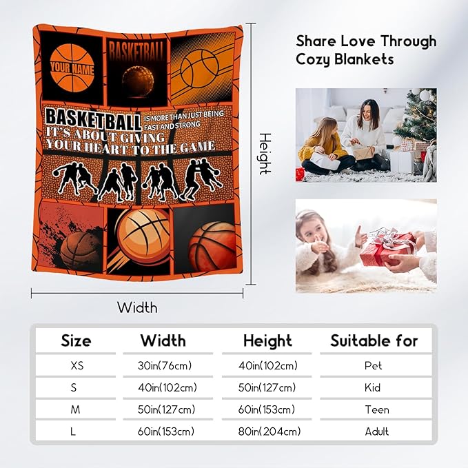 Personalized Basketball Blanket for Girls, Custom Basketball Gifts with Name for Boys, Sport Throw Blankets for Team, Kids Throws for Couch Sofa (30x40 Inch)