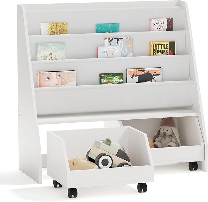Kids Bookshelf with Two Movable Drawers Toddler Bookcase with Toy Storage Organizer Child Sling Book Rack Baby Cabinet Chest with Wheels for Nursery,Playroom,Bedroom,Living Room,Classroom