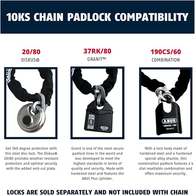 ABUS Hardened Steel 10KS 6 Foot x 3/8" Thick Square Security Chain for Bikes, Containers, Trailers, ATV's, Motorcycles and Personal/Industrial Property