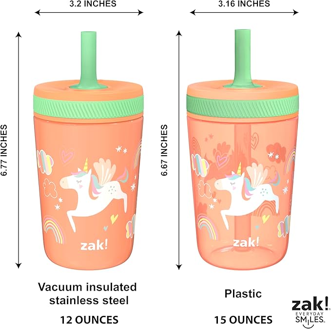 Zak Designs Unicorn Kelso Tumbler Set,Leak-Proof Screw-On Lid with Straw, Bundle for Kids Includes Plastic and Stainless Steel Cups with Bonus Sipper, 3pc Set, Non-BPA