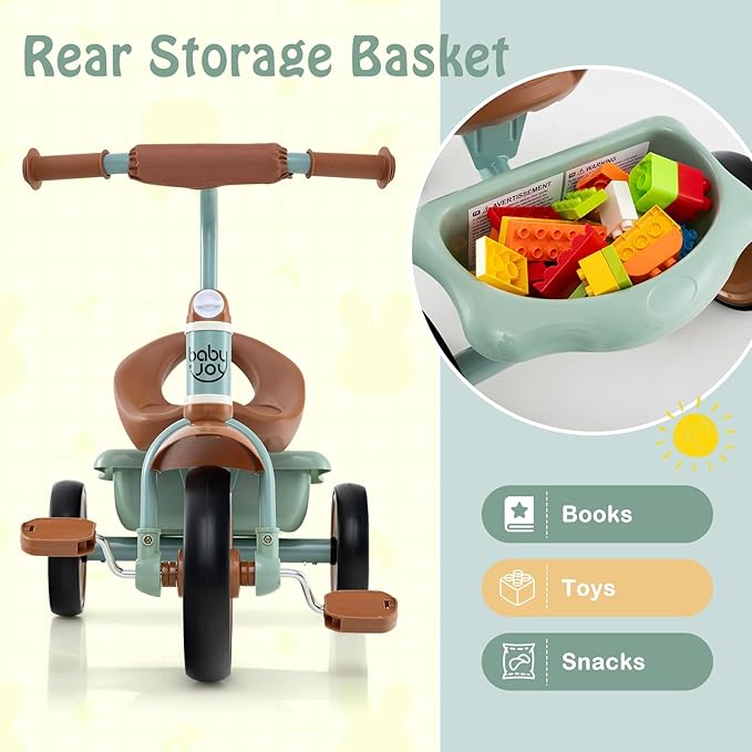 BABY JOY Toddler Tricycle, Kids Trike with Adjustable Seat and Storage Basket for Boys Girls Indoor and Outdoor Riding, Toddler Trike for Baby 3-5 Years Old (Green)