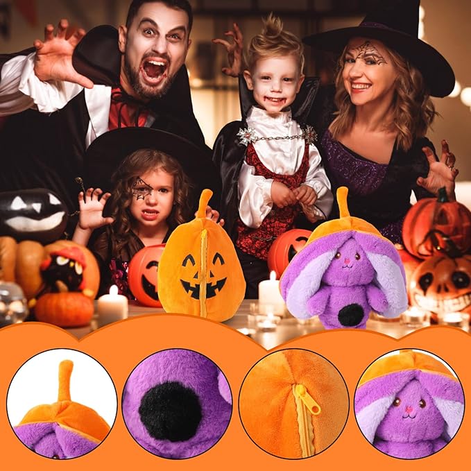 2-in-1 Transforming Plush Toy with Zipper, Reversible Pumpkin to Bunny Stuffed Animal, Soft Surprise Plushie for Kids, Cute Holiday Stocking Stuffer for Boys and Girls