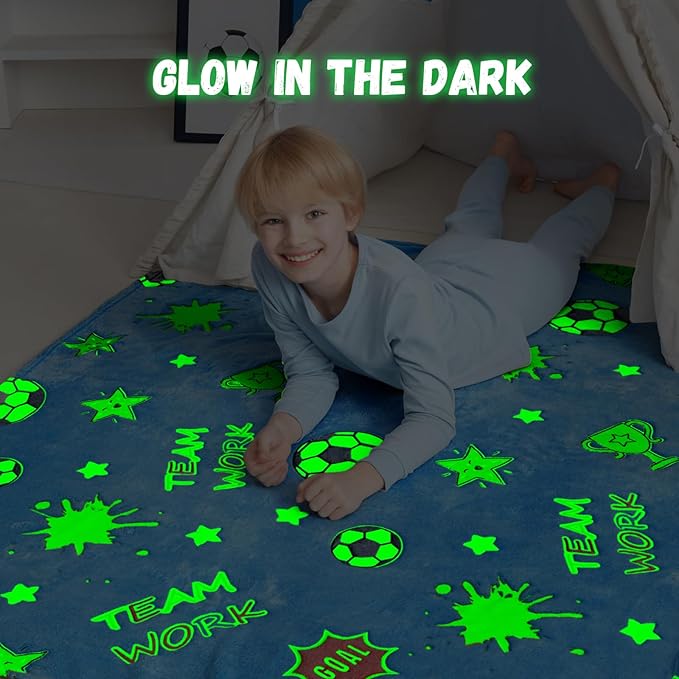 Glow in The Dark Soccer Blanket,Football Gifts Toys for Boys Kids, Birthday Presents Decor for Kids Age 3-14 Year Old Son Teen Child Toddler Luminous Christmas Bedroom Throw Blanket 50"x60"