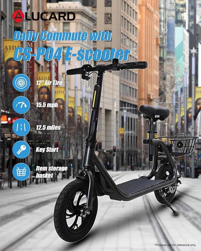 Electric Scooter with Seat & Basket, 350W Motor 12inch Tire Foldable E-Scooter Dual Disc Brakes 260LBS Max Load