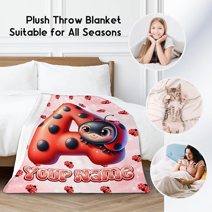 Custom Blanket with Name - Kids Blankets with Ladybug for Girls Boys - Personalized Monogram Gifts for Daughter Son - Fuzzy Plush Flannel Throws - 4 Sizes for Toddler/Children/Teens/Adults