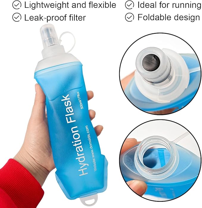 WILDREEDS 500ml Soft Flask, TPU Collapsible Soft Water Bottle for Hydration Pack, Running Vest, Folding Water Bottle for Hiking Cycling Climbing-2Pcs, Blue