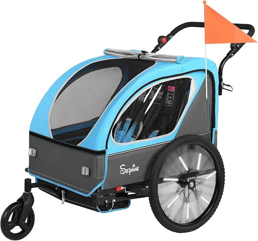 Sepnine Kids Bike Trailer, 2 in1 Canopy Carrier Converts to Pushcart Suitable for 1 to 2 Toddlers, Kids, Quick Attach to Bike, Foldable, with 5-Point Harness and Storage Bags