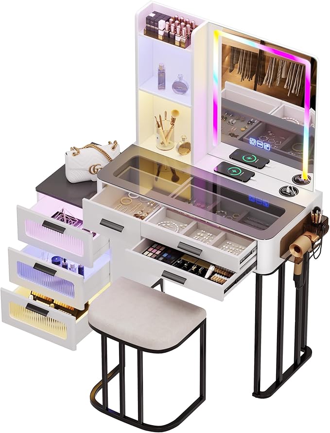 HNEBC Vanitys with HD Glass Display Table, Makeup Desk with Lighted Mirror and Charging Station, Dressing Table with RGB Lights,Jewelry Organizer,Cabinet,6Drawers,Chair for Women/Girls (White)