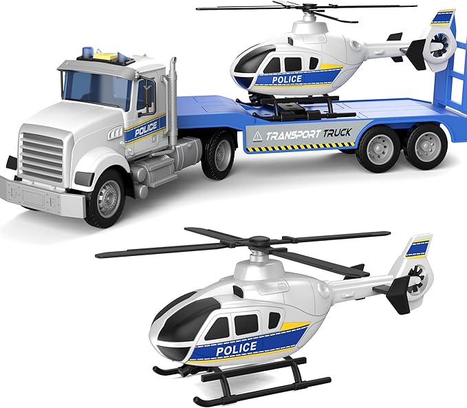 22" Semi Police Truck Toy with Helicopter for Kids Toddlers -Police Car Toys, Birthday for Boy Girl Toddler Child 3 4 5 6 7 Years Old