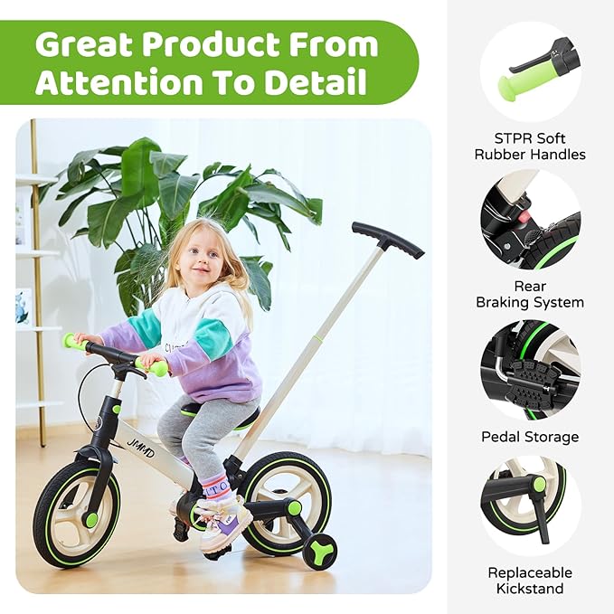 JMMD Toddler Bike with Push Handle for Kids 18-60 Months, 6 in 1 Foldable Push Bike with Training Wheels, Pedals, Brakes, Kickstand, Kid Balance Bike Gift & Toys for Boy & Girl
