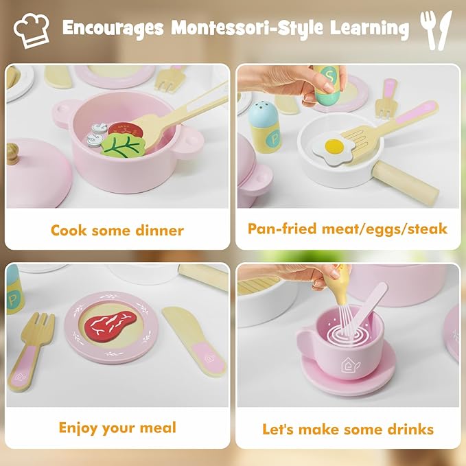 Wooden Toy Plates and Dishes for Kitchen Set, 30PCS Montessori Play Kitchen Accessories for Toddlers with Toy Pots and Pans, Wooden Play Cooking Set for 3-8 Years Girls & Boys