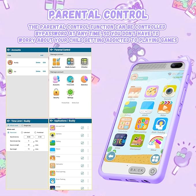 Toys Kids Smartphone, 3.97" Screen Dual Camera Kids Toys Phone with Music Player, 2000mA Toddler Toy Learning Phone with Games, Front Camera, Pretend Play Smartphone（Purple）