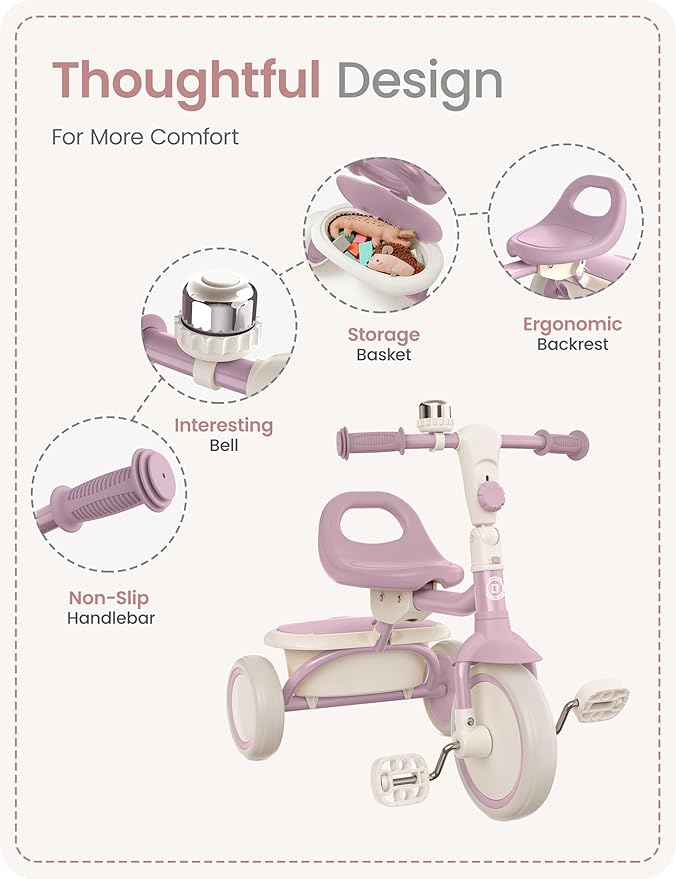 besrey Kids Tricycles Age 18 Month to 5 Years, Toddler Tricycle Kids Trikes Tricycle, Gift Toddler Tricycles for 2-5 Year Olds, Gift & Toys for Boy & Girl, Trikes for Toddlers, Light Purple