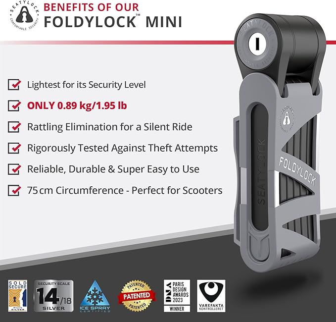 Seatylock FoldyLock Mini Folding Bike Lock - Patented Lightweight Bicycle Lock - Heavy Duty Anti Theft Guard with Key for Electric Scooter & City Bikes