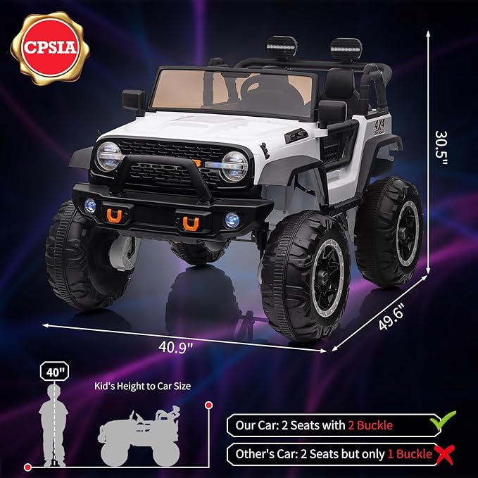 2 Seats 24V Kids Ride on Truck with Remote Control, Battery Powered Electric Ride Car Toy for 3-8 Years, 4 Motors,20" Seat Width for 2 Seaters, LED Light,Music,High/Low Speeds,Shovel, USB (White)