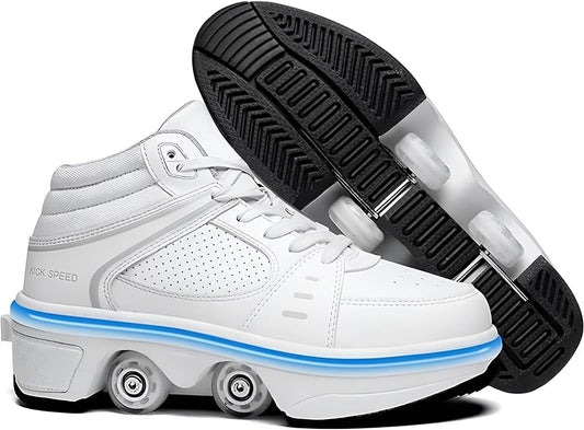 2-in-1 Roller Skates Shoes with Retractable 4 Wheels & Pop-Out Deformation Sneakers Outdoor Sports Skating Shoes for Girls Boys