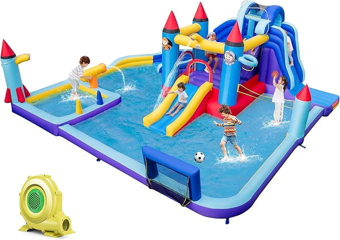 BOUNTECH Inflatable Water Slide, 10-in-1 Water Park Jump Castle for Big Kids 5-12, Water Slides Inflatables w/Huge Splash Pool, Football Gate, Water Bounce House for Kids Outdoor Backyard Party Gifts