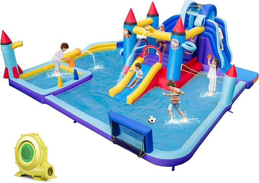BOUNTECH Inflatable Water Slide, 10-in-1 Water Park Jump Castle for Big Kids 5-12, Water Slides Inflatables w/Huge Splash Pool, Football Gate, Water Bounce House for Kids Outdoor Backyard Party Gifts